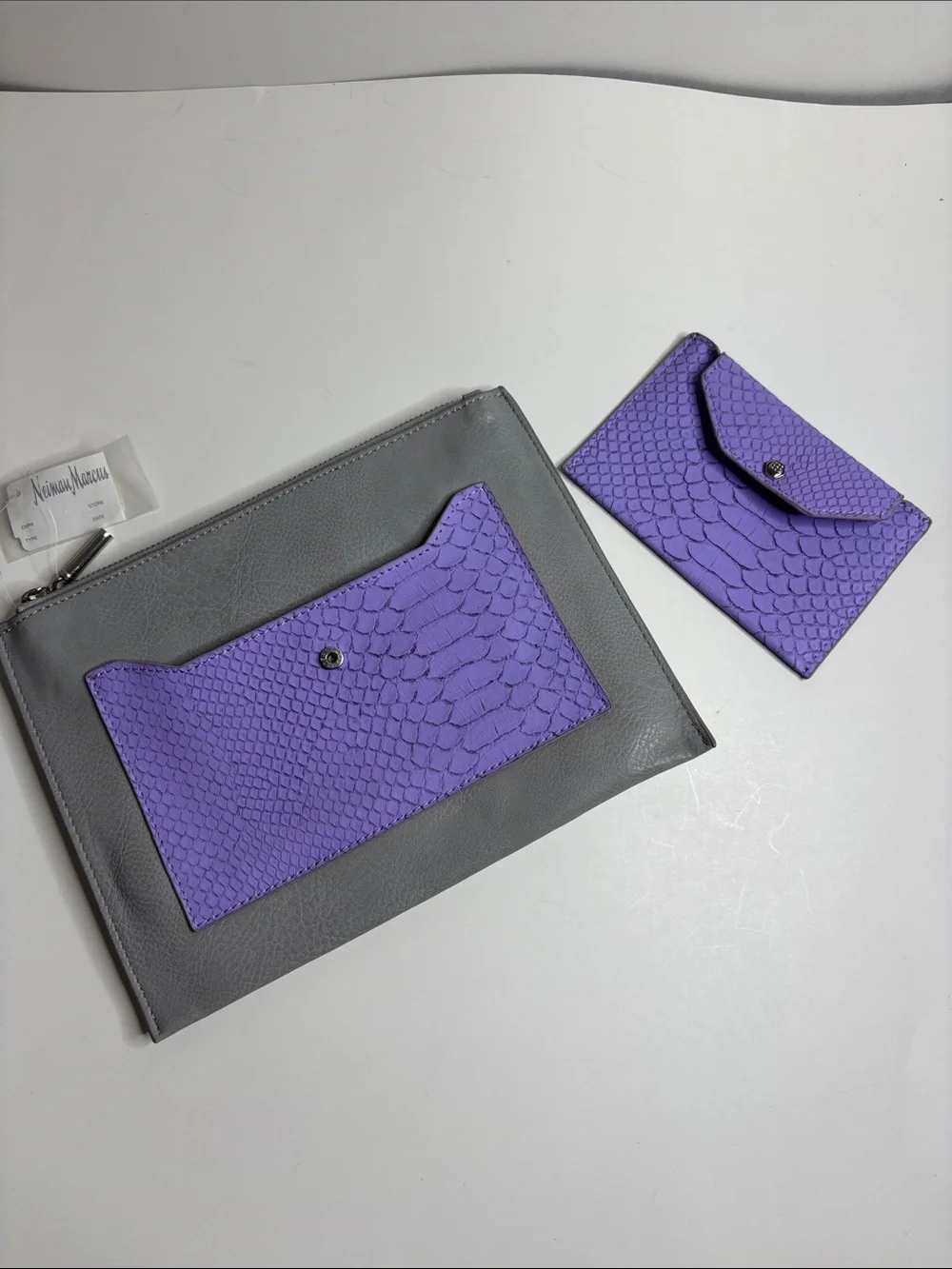 Neiman Marcus Gray Leather Clutch with Purple Snake-Embossed Pocket